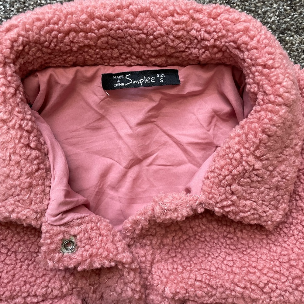 Fuzzy Fleece Jacket Cropped Button Down Lapel Sherpa Jacket Pink Blush - Picture 8 of 10